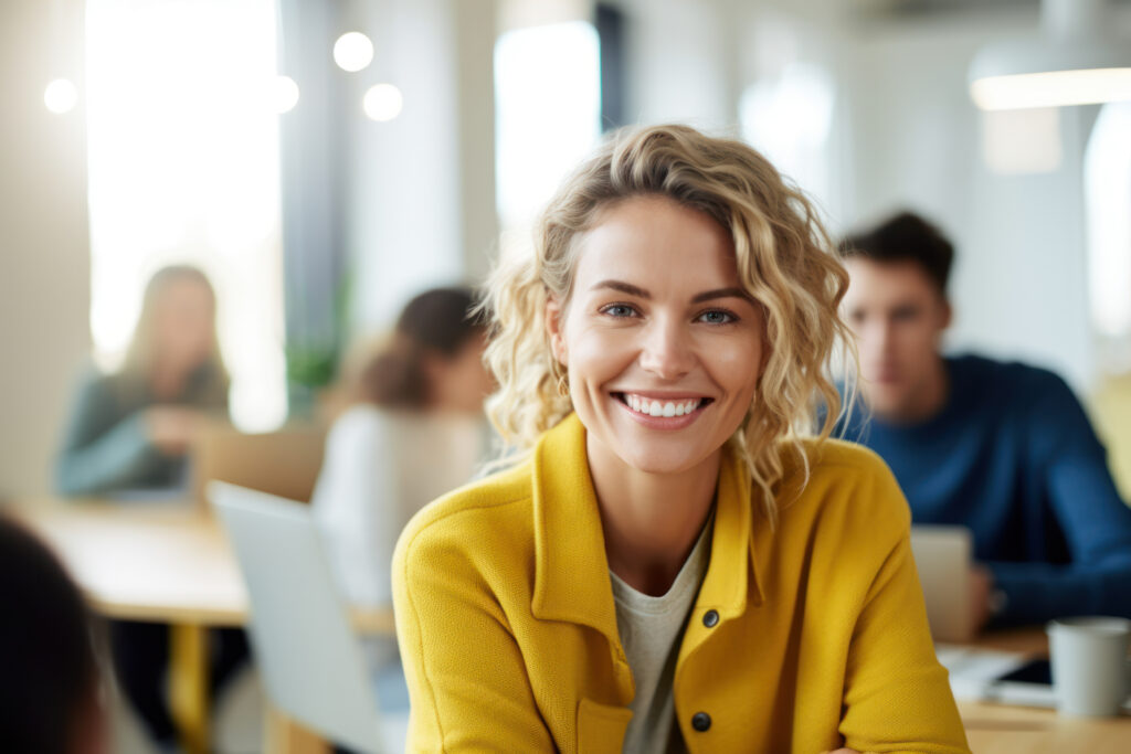 Photo of beautiful happy Executive businesswoman looking at camera and smiling while sitting at office desk and working